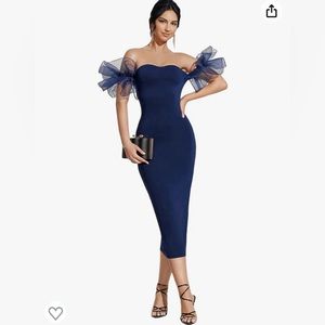 Women's Off Shoulder Mesh Ruffle Short Sleeve Cocktail Bodycon Midi Dress